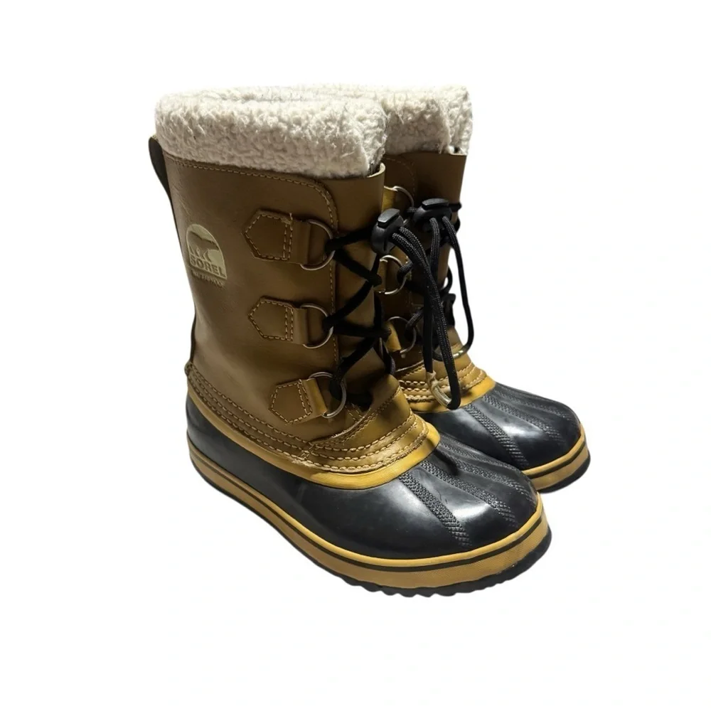 Sorel Caribou Snow Boots Insulated Waterproof Winter Tan Blaack Youth Size 2